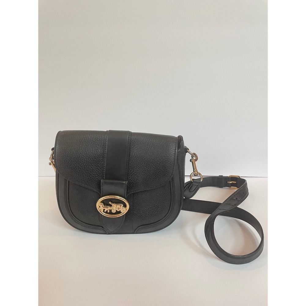 Coach Georie Saddle Bag 20 Black Pebbled Leather Crossbody Horse Carriage 1950